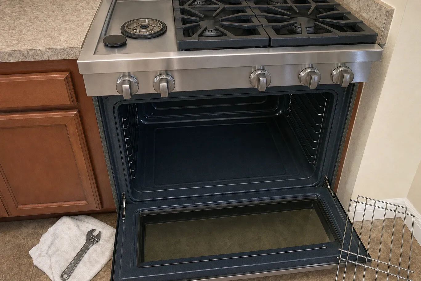 Three-quarter view of a gas range, oven door open on empty rack guides, adjustable wrench on a cloth on the tile
