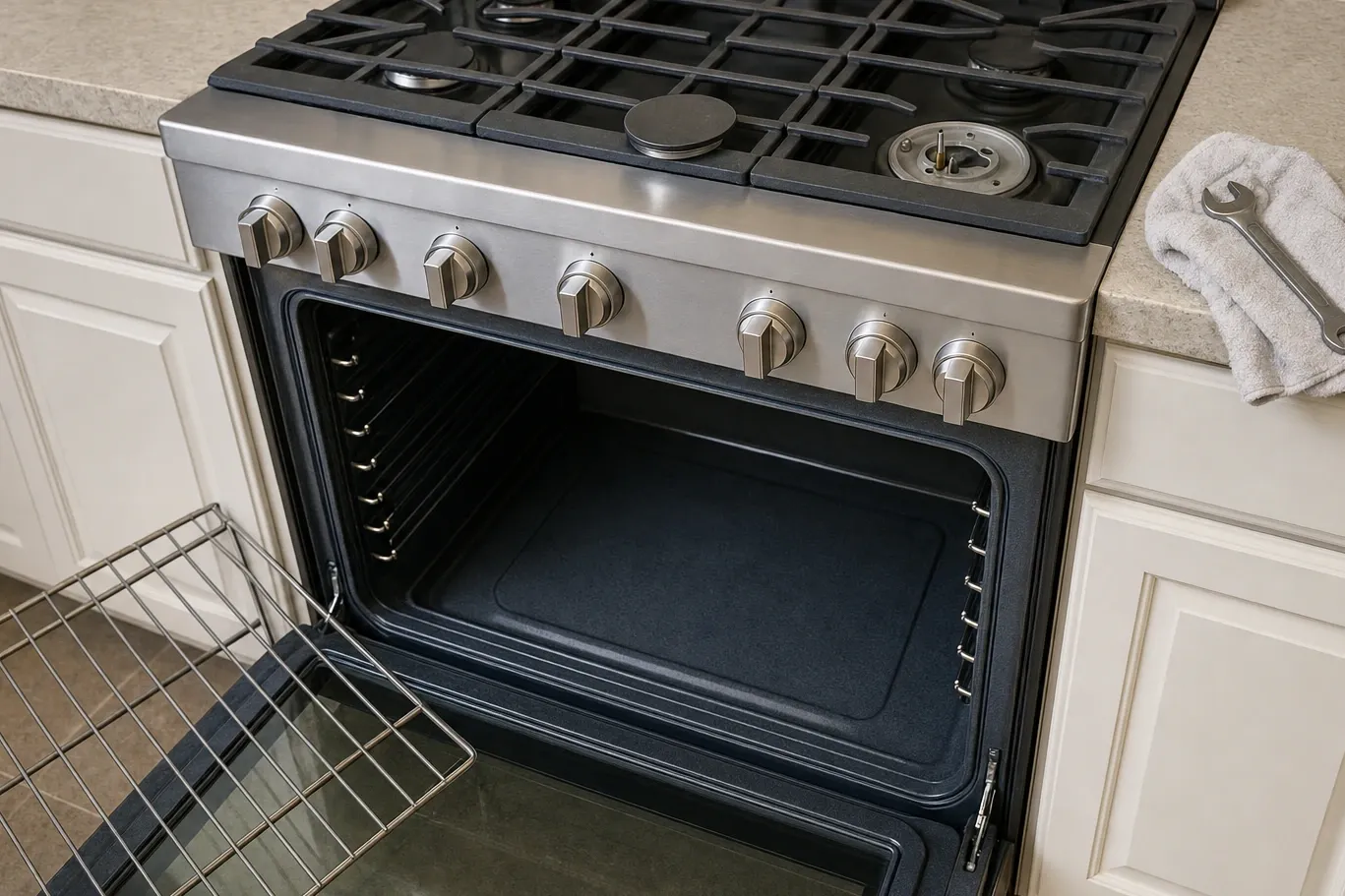 Gas range with seven control knobs, one burner base exposed, and a wrench resting on a towel on the counter