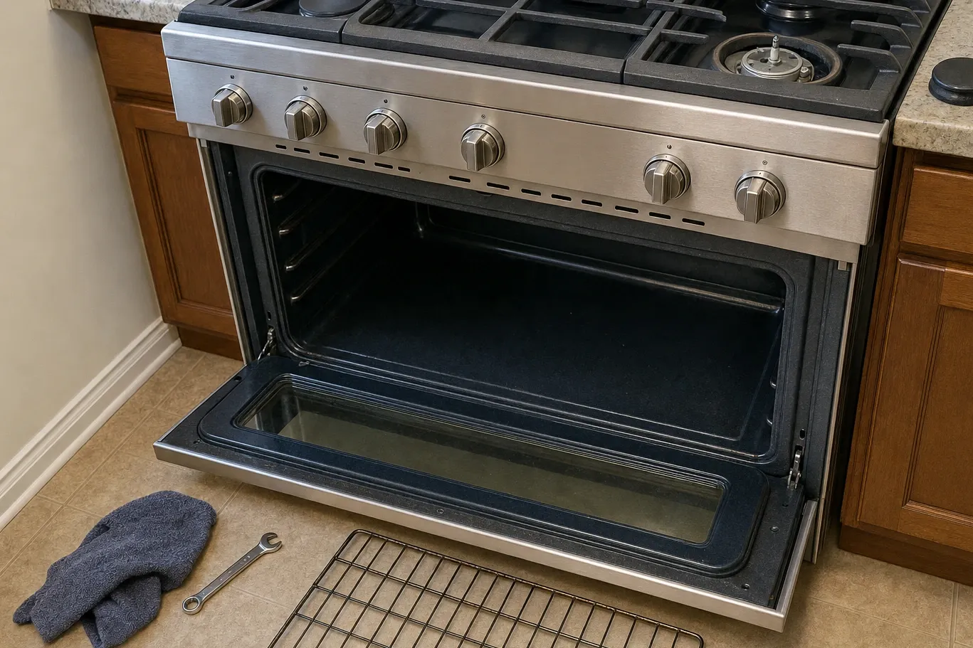 Oven door lowered flat on a stainless range, deep empty cavity above and vent slots under the control panel