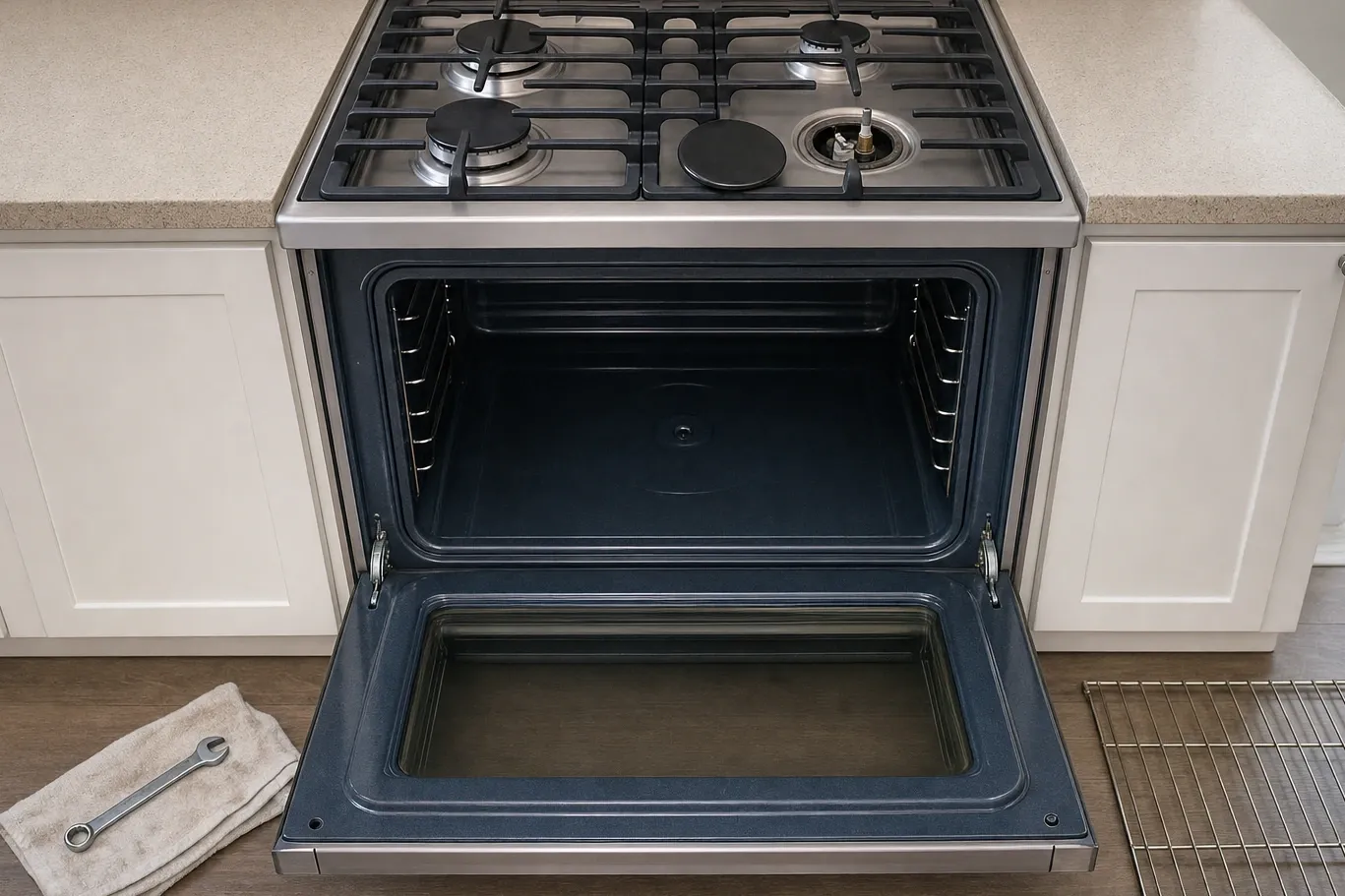 Gas range straight on with the oven door lowered flat, empty rack guides either side and a wrench on a towel